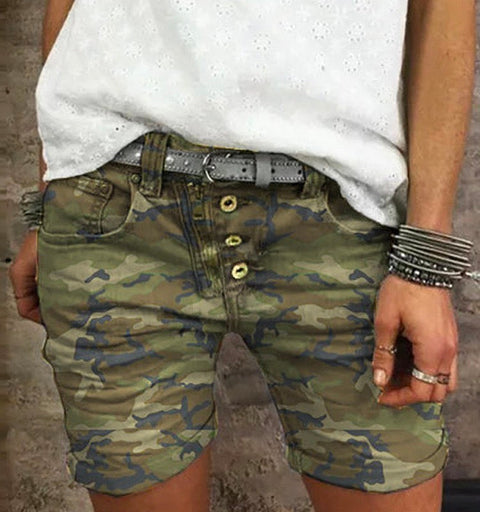 Meridress Elastic Waist Buttons Skinny Camo Shorts