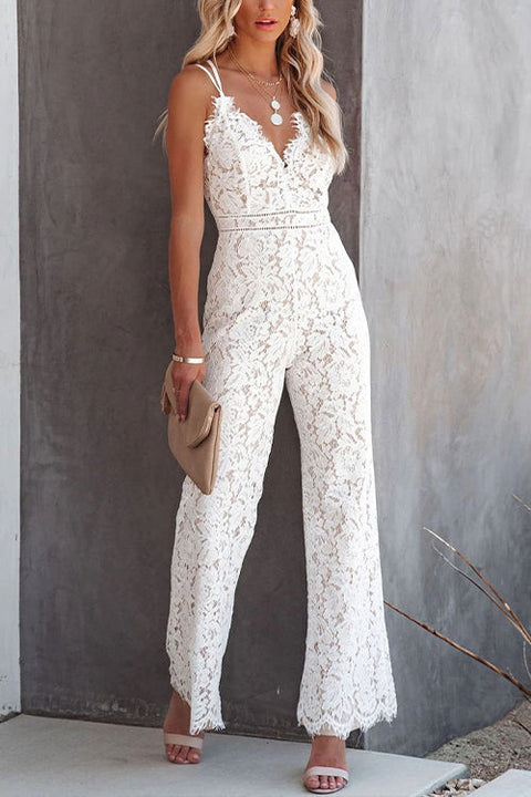 Meridress V Neck Waisted Wide Leg Cami Lace Jumpsuit