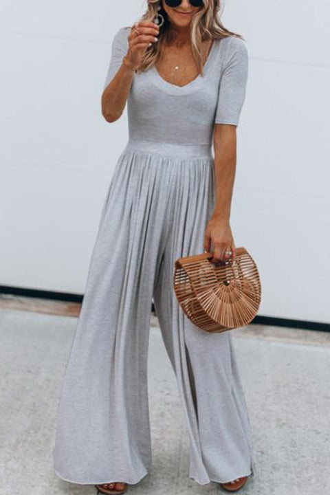 Meridress U Neck Short Sleeve Ruched Wide Leg Jumpsuit