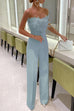 Meridress Off Shoulder Feather Splice Belted Jumpsuit