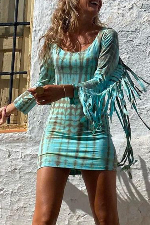 Meridress Tassel Long Sleeve Tie Dye Bodycon Dress