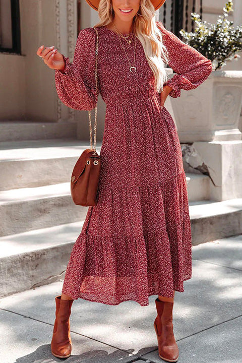 Meridress Long Sleeve Waisted Printed Swing Dress