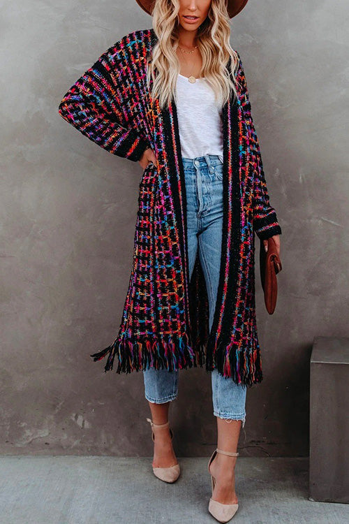 Meridress Tassel Open Front Multi-colored Print Knit Cardigans