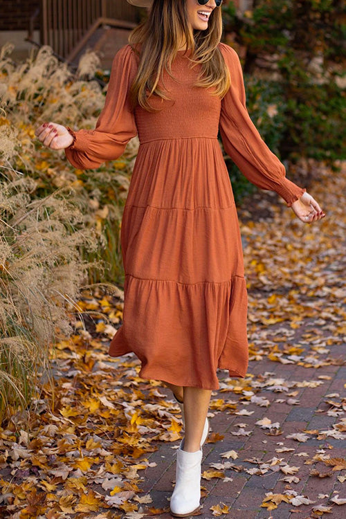 Meridress Crewneck Frill Smocked Lantern Sleeve Swing Dress