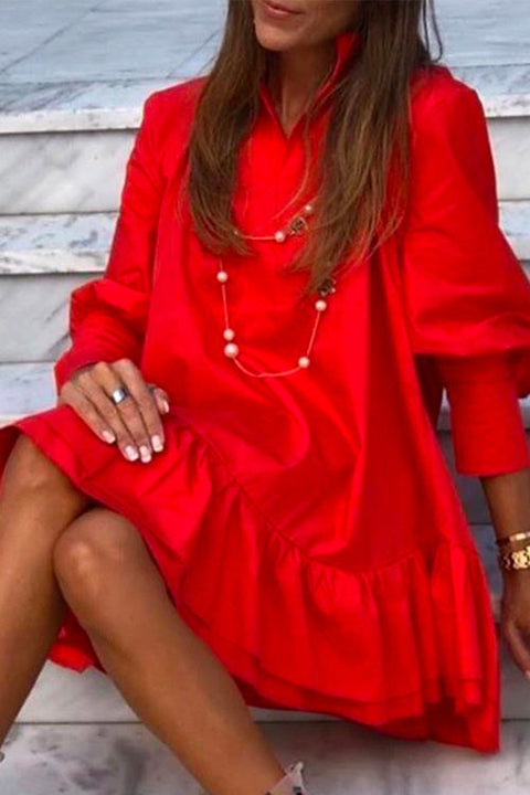 Meridress V Neck Lantern Sleeve Ruffle Layered Dress