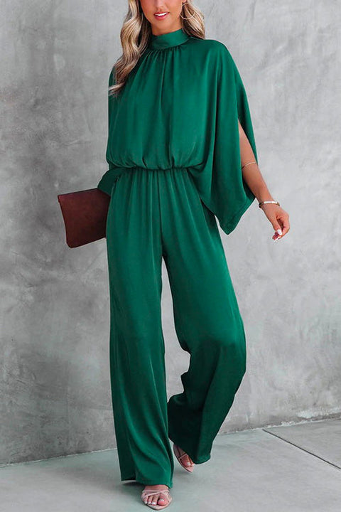 Meridress Stand Collar Slit Sleeve Waisted Wide Leg Jumpsuit