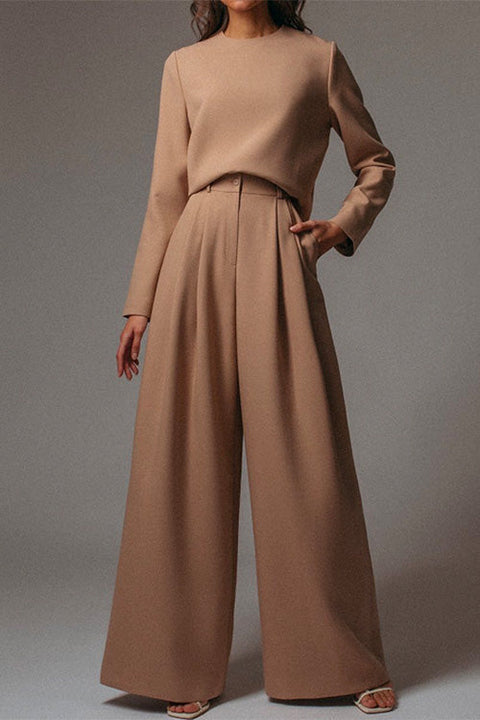 Meridress Crewneck Long Sleeve Pullover and Wide Leg Pants Solid Set