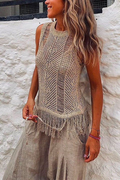 Meridress Tassel Crewneck Sleeveless Hollow Out Cover Up