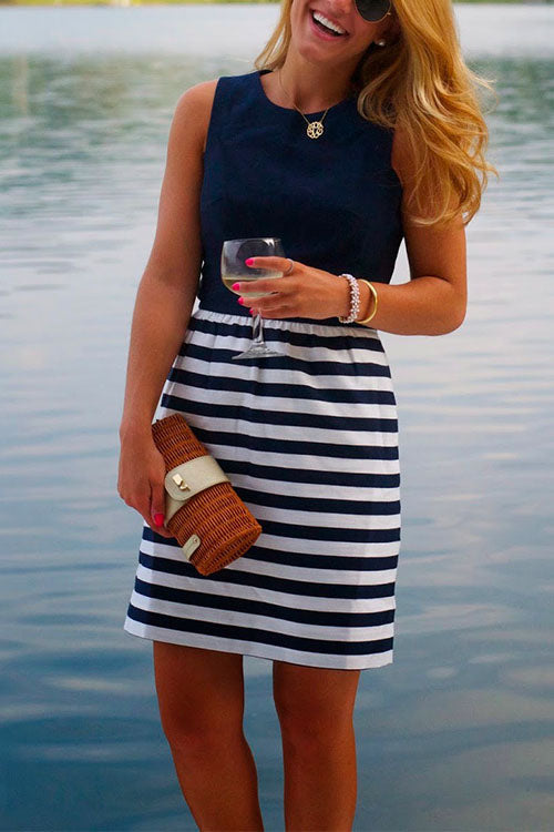 Meridress Casual Crewneck Sleeveless Stripes Dress