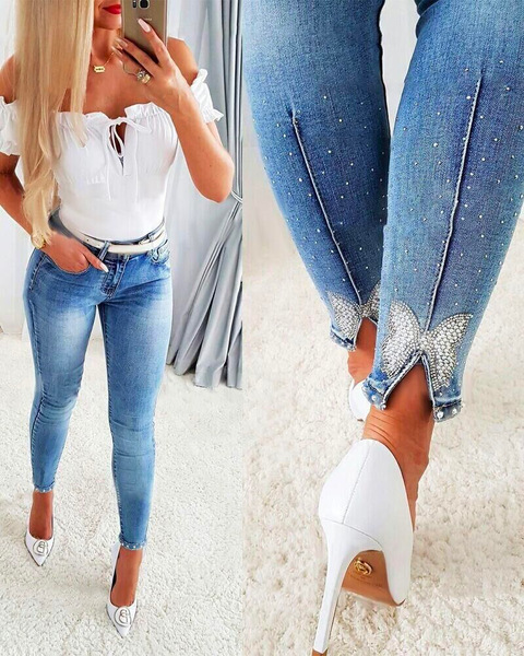 Meridress Beaded Butterfly Distressed Skinny Denim Pants