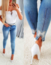 Meridress Beaded Butterfly Distressed Skinny Denim Pants