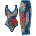 Meridress V Neck Bow Shoulder One-piece Swimwear and Wrap Cover Up Skirt Printed Set