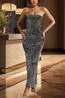 Meridress Strapless Back Slit Rhinestone Bodycon Maxi Party Dress