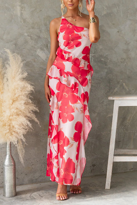 One Shoulder Ruffle Trim Floral Print Maxi Dress