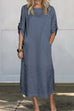 Meridress Rolled Up Sleeves Pocketed Cotton Linen Maxi Shift Dress