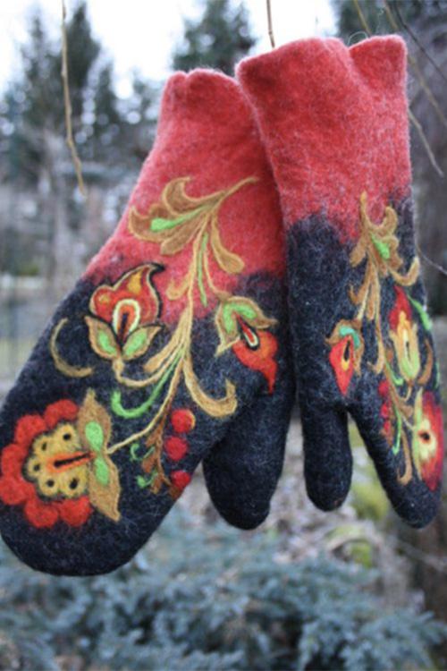 Meridress Christmas Gift Flower Embroidery Mittens