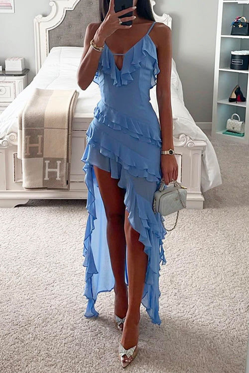 Meridress V Neck Ruffle Trim High Low Hem Party Cami Dress