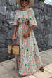 Meridress Puff Sleeves Backless Lace-up Printed Maxi Vacation Dress