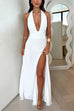 Meridress Deep V Neck Halter Tie Knot Backless Slit Maxi Dress