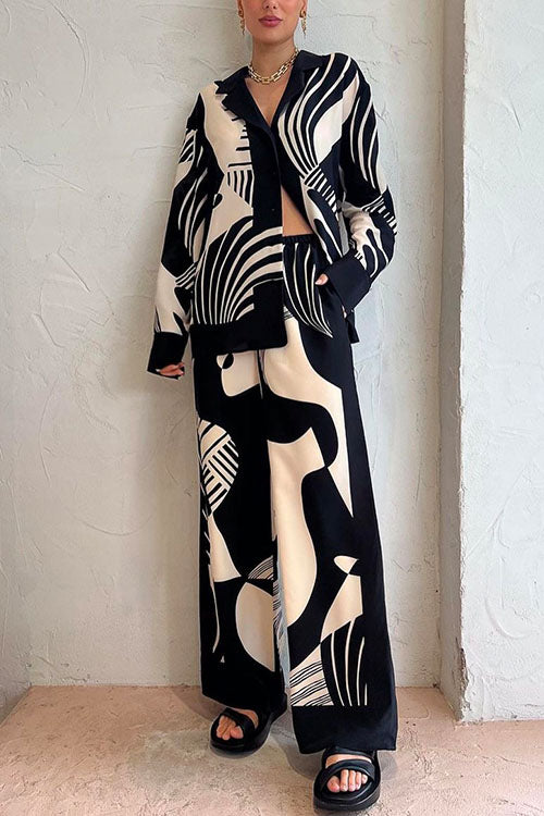 Meridress Graphic Printed Long Sleeve Blouse Shirt Wide Leg Pants 2 Pieces Set