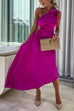 Meridress 3D Rose One Shoulder Cut Out Waist Asymmetric Hem Pleated Maxi Dress