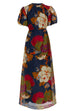 Meridress Puff Sleeve Cut Out Waist Floral Maxi Swing Dress