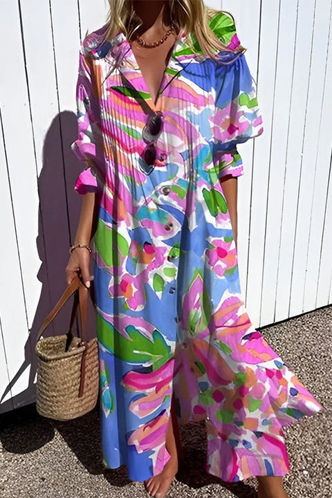 Meridress Ruched Button Down Balloon Sleeves Printed Maxi Dress