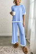 Meridress Color Block Short Sleeves Side Split Pullover Wide Leg Pants Knitting Loungewear Set