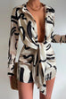 Meridress Lapel Long Sleeve Tie Knot Front Printed Mini Dress