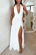 Meridress Deep V Neck Halter Tie Knot Backless Slit Maxi Dress