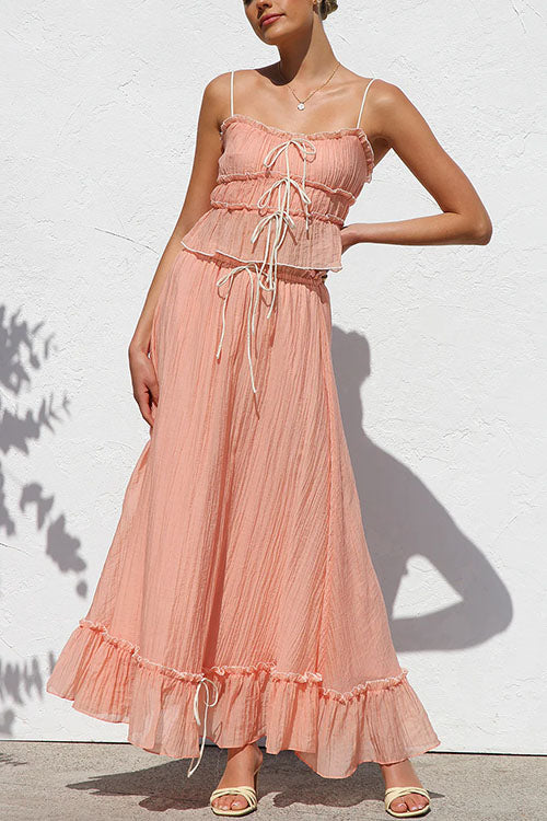 Meridress Frill Trim Bow Crop Cami Top and Ruffle Maxi Skirt Set