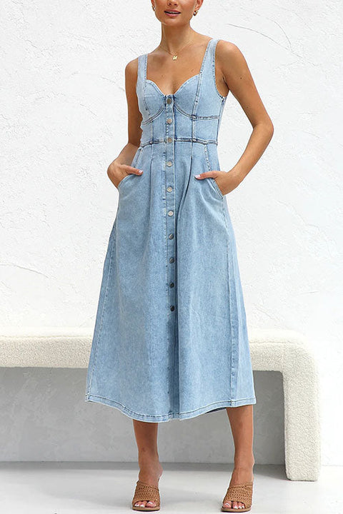 Meridress Distressed Button Down Pocketed Denim A-line Midi Cami Dress