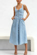 Meridress Distressed Button Down Pocketed Denim A-line Midi Cami Dress