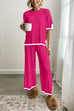 Meridress Color Block Short Sleeves Side Split Pullover Wide Leg Pants Knitting Loungewear Set