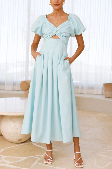 Meridress V Neck Twist Front Puff Sleeves Cut Out Maxi Dress