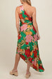 Meridress One Shoulder Cut Out Asymmetric Hem Floral Print Pleated Maxi Dress