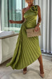 Meridress 3D Rose One Shoulder Cut Out Waist Asymmetric Hem Pleated Maxi Dress