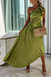 Meridress 3D Rose One Shoulder Cut Out Waist Asymmetric Hem Pleated Maxi Dress