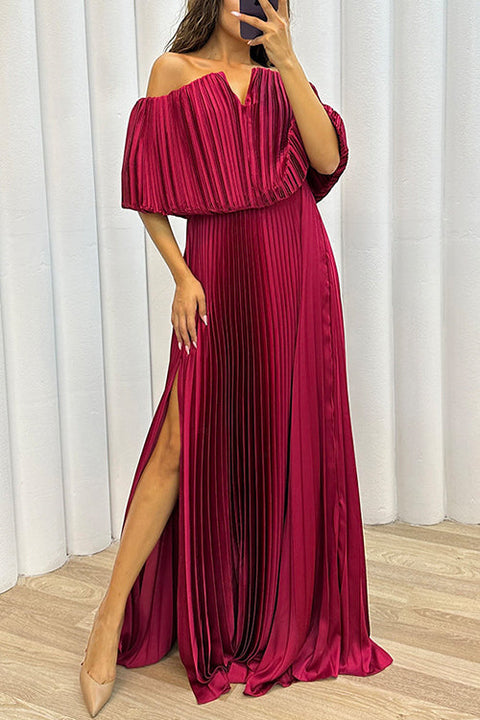 Meridress Off Shoulder Waisted High Slit Pleated Maxi Dress