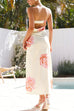 Strapless Scooped Cowl Back Rose Print Maxi Dress