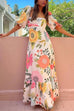 Meridress Square Collar Puff Sleeves Floral Print Cotton Linen Ruffle Maxi Dress