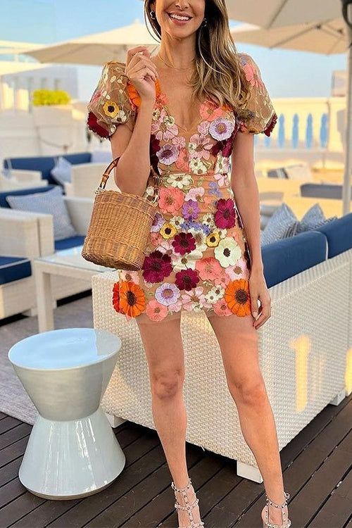 Meridress V Neck Puff Sleeves Embroidered Floral Mini Dress