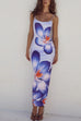 Meridress Spaghetti Strap Back Slit Lily Print Bodycon Maxi Dress