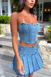 Meridress Crop Tube Top High Rise Slit Pleated Mini Skirt Denim Set