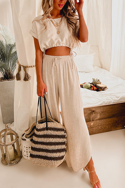 Meridress Drawstring Hem Crop Top Wide Leg Pants Loungewear Set