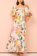 Meridress Square Collar Puff Sleeves Floral Print Cotton Linen Ruffle Maxi Dress