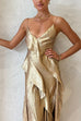 Backless V Neck Drape Front Side Split Metalic Maxi Dress