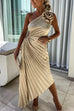 Meridress 3D Rose One Shoulder Cut Out Waist Asymmetric Hem Pleated Maxi Dress