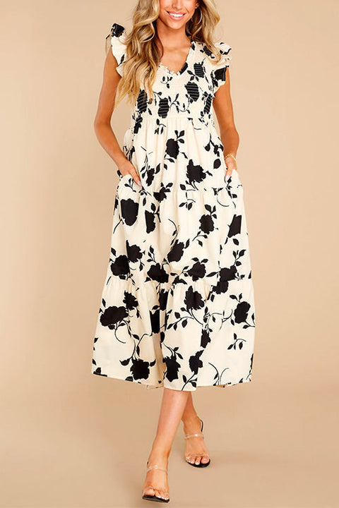 Off-white Ruffle Trim Pocketed Floral Print Midi Dress