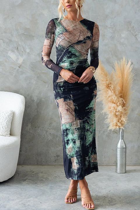 Chic Long Sleeves Abstract Print Bodycon Maxi Dress